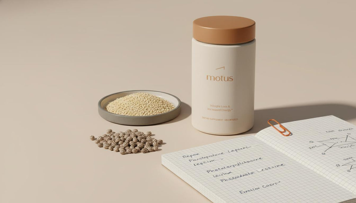 Minimalist still-life of Tonum supplement jar with milk thistle seeds and phosphatidylcholine granules on beige brand background, partial research note visible — siliphos