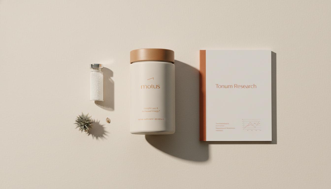 Minimalist flat-lay of siliphos product vial, a dried milk thistle seed, and a Tonum research booklet on a clean #F2E5D5 background conveying lab-to-life botanical formulation research.