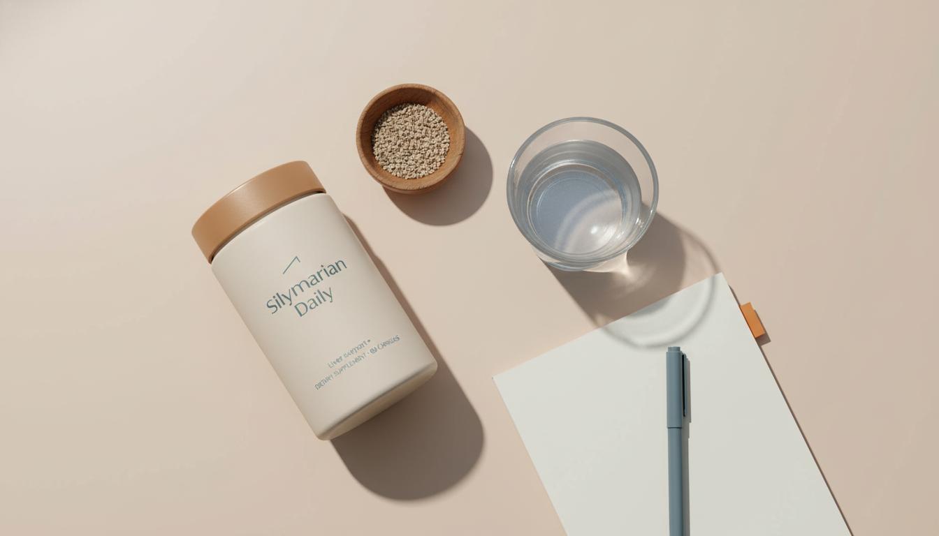 Minimalist flat lay of Tonum supplement container with milk thistle seeds, clear glass of water and research notebook on beige background, promoting silymarin daily.