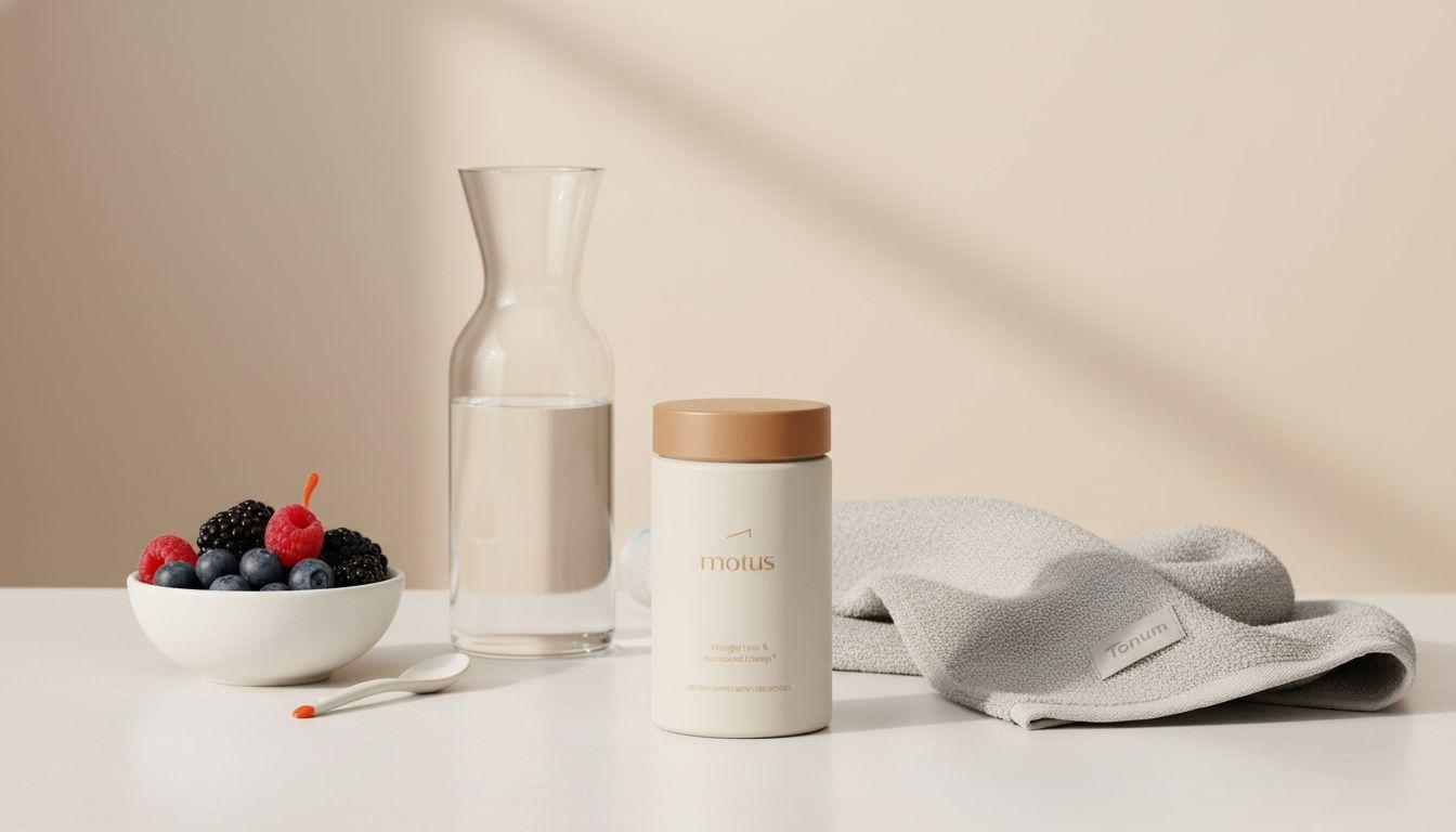 Minimalist kitchen counter with Motus supplement jar beside a bowl of fresh berries, glass carafe of water and towel in morning light — slim down belly support.