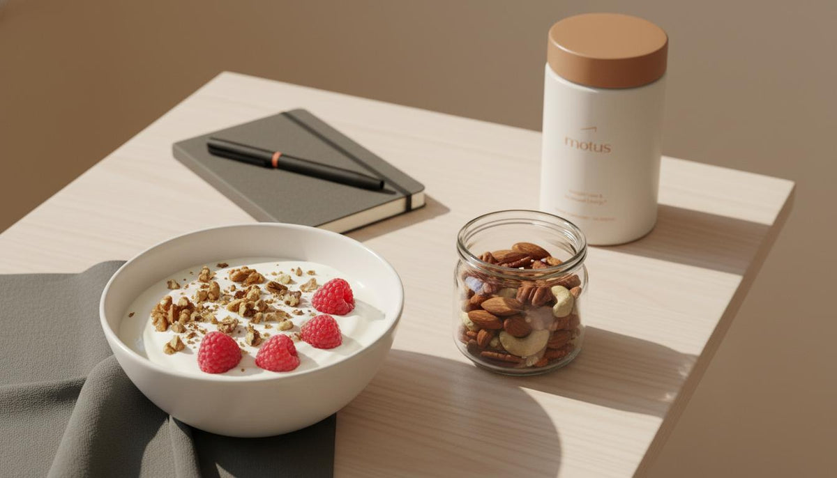 Minimalist flat-lay of Greek yogurt bowl with crushed walnuts and raspberries, jar of mixed nuts, notebook and pen, and a blurred Tonum container in the background — snacks to lower blood sugar