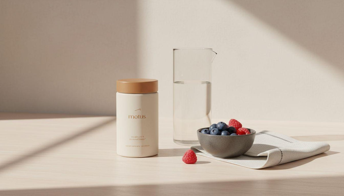 Minimalist morning counter with Tonum Motus supplement jar beside a glass carafe, small bowl of berries and folded linen on pale wood, using Tonum brand colors, soluble fiber supplements