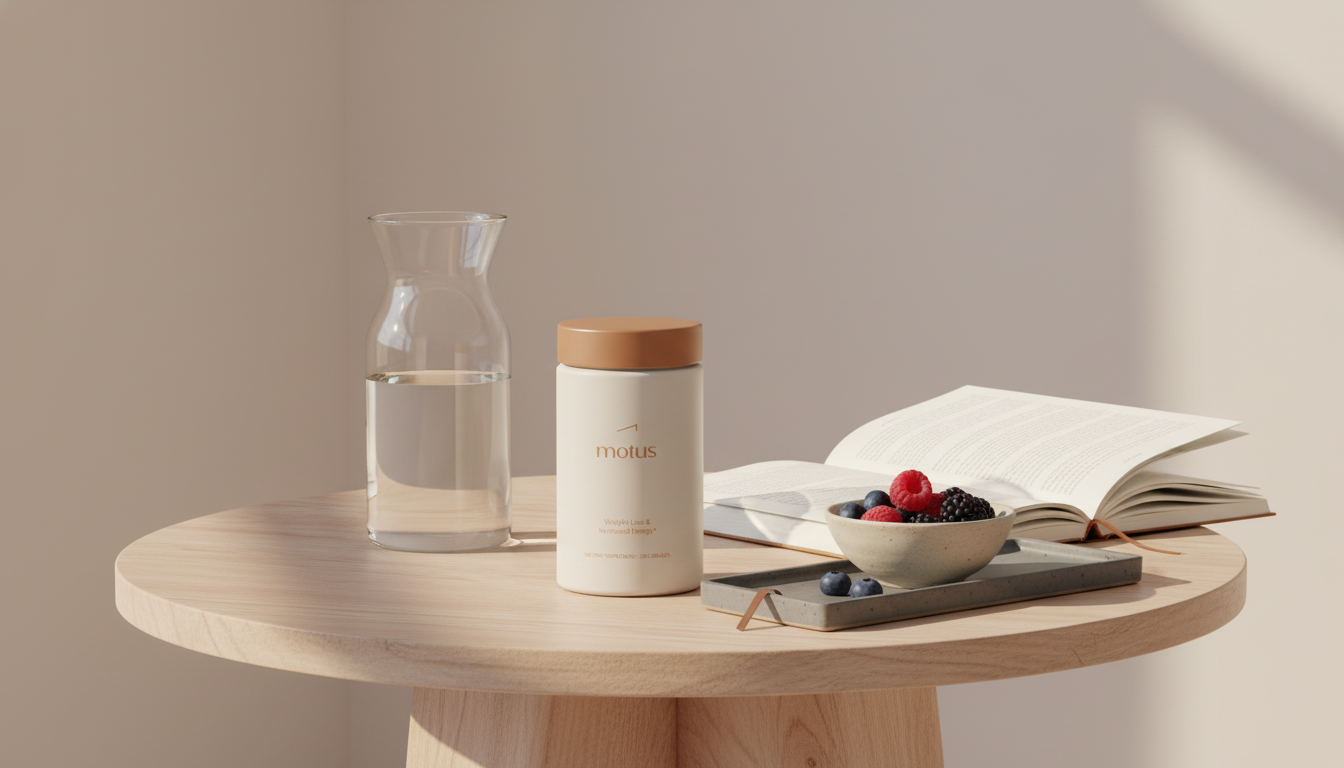 Minimalist morning scene with Tonum supplement jar 'Motus' beside a glass carafe, journal and bowl of berries on a wooden table illustrating how to speed up metabolism.