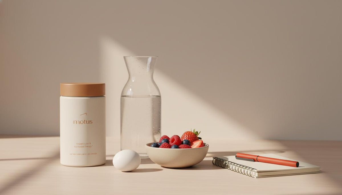Minimalist kitchen counter with Tonum Motus supplement jar beside a water carafe, bowl of mixed berries and an egg, a notebook and pen — lifestyle scene to speed up my metabolism.