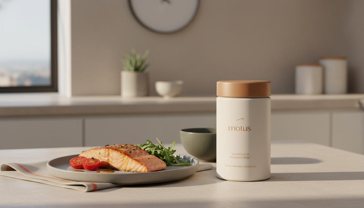 Minimalist kitchen counter with Mediterranean plate and Tonum Motus container, conveying nutrition and metabolic health for stage 1 liver failure.