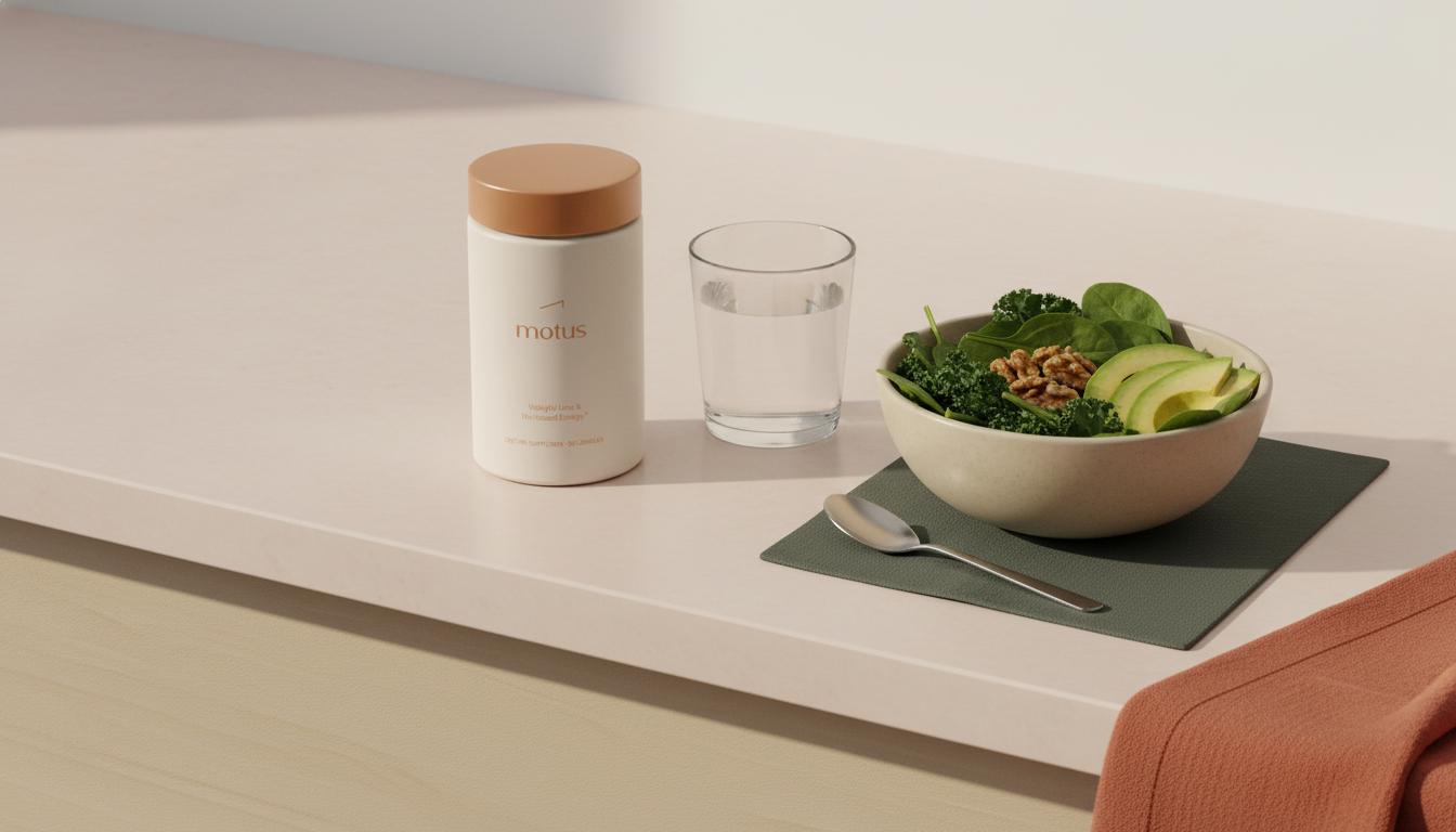 Minimalist lifestyle photo of a Tonum supplement jar beside a small bowl of liver-friendly foods and a glass of water on a soft #F2E5D5 background, supporting stage 3 fatty liver care.