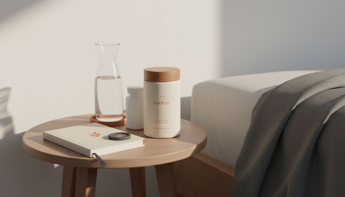 Minimal bedside scene with Tonum supplement jar, journal, water carafe and subtle brand accents on a neutral background — start HRT morning routine.