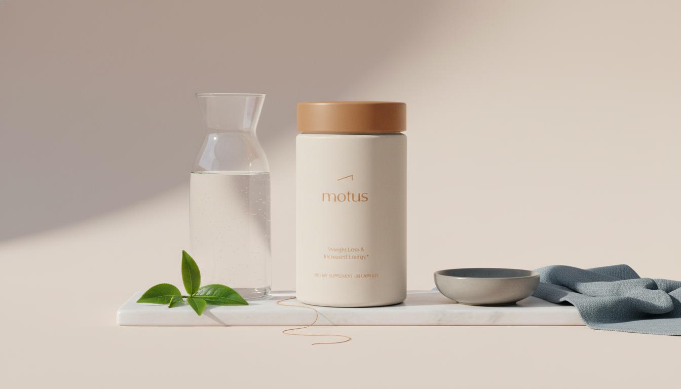 Minimalist still life of Motus supplement jar on beige background with glass carafe and green tea sprig, highlighting stimulant-free fat burners.