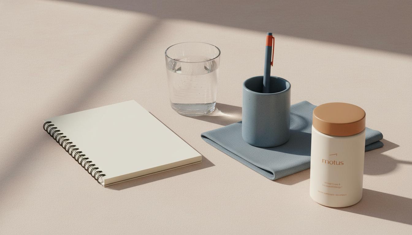 Minimalist tabletop with a Tonum Motus container beside an open notebook and glass of water on a soft beige background, conveying calm research-led wellness and stimulant-free supplements.