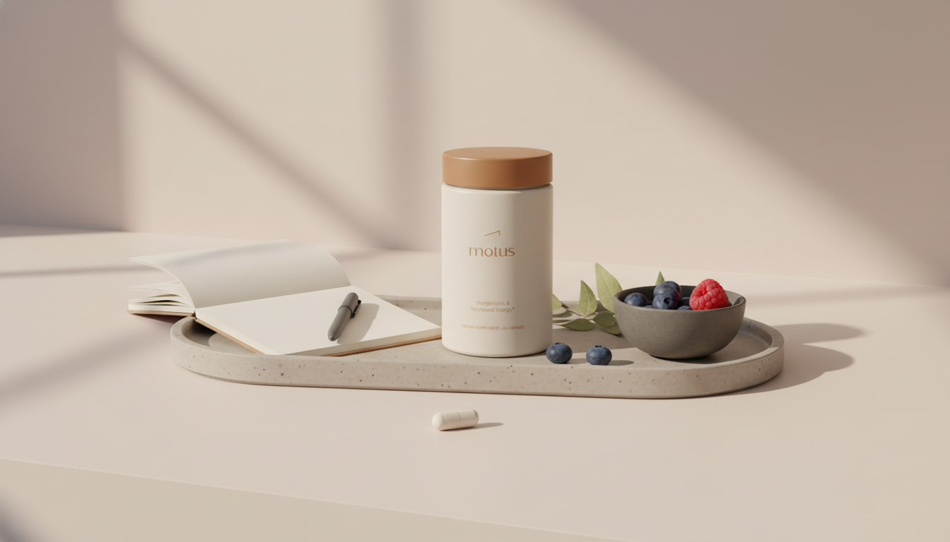 Minimalist kitchen scene with Nouro supplement on a ceramic tray, dried bacopa leaves, fresh berries and a single capsule, evoking Stonehenge Dynamic Brain ingredients
