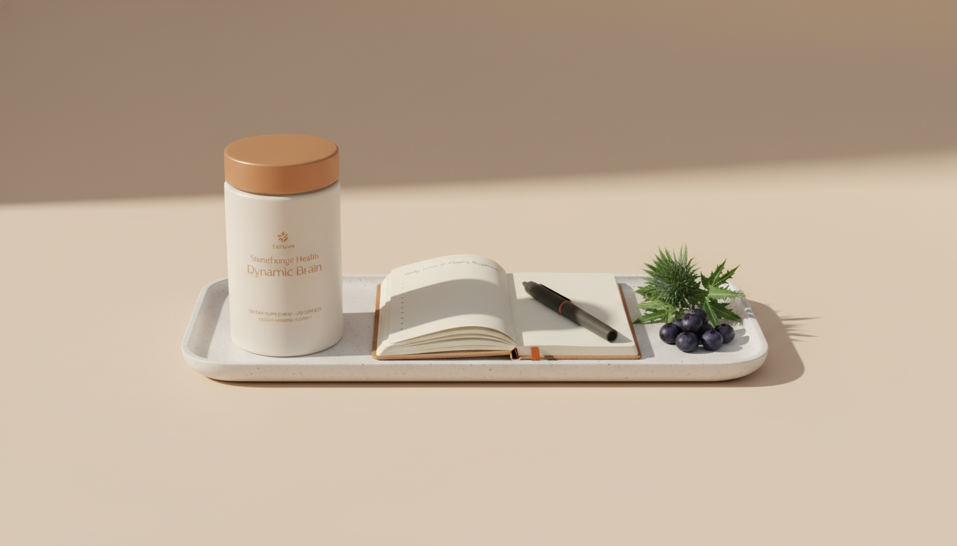 Minimalist still life of a Tonum supplement jar labeled Stonehenge Health Dynamic Brain on a ceramic tray with notebook, pen, berries and milk thistle, beige background.