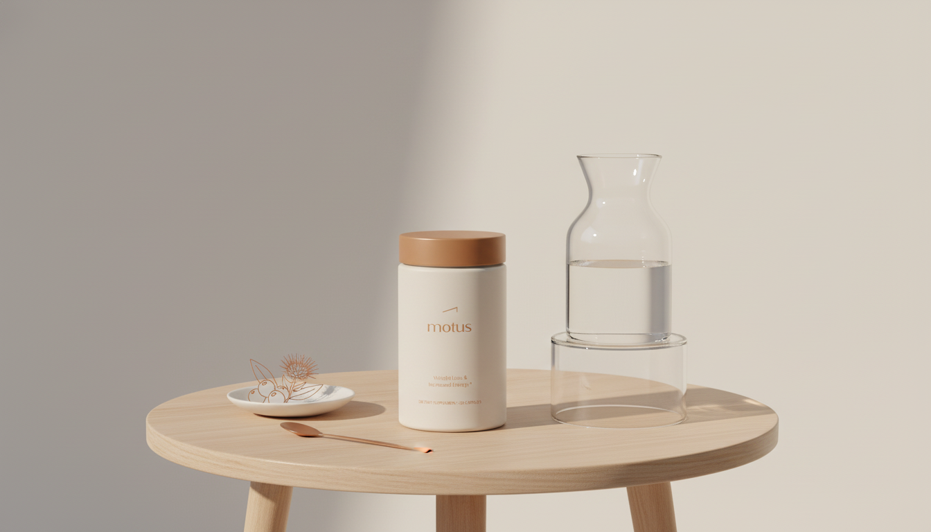 Minimalist morning scene with Tonum Motus supplement jar on a wooden table beside a glass carafe and berries and milk thistle icons, subtle Tonum brand accents. Stonehenge Health
