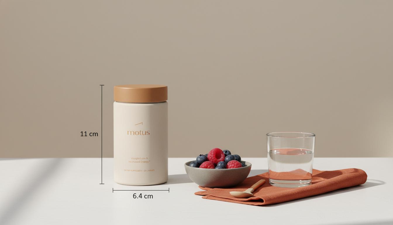 Minimalist Tonum Motus container with fresh berries and water on beige countertop, a calm health-focused scene to stop craving sugar.