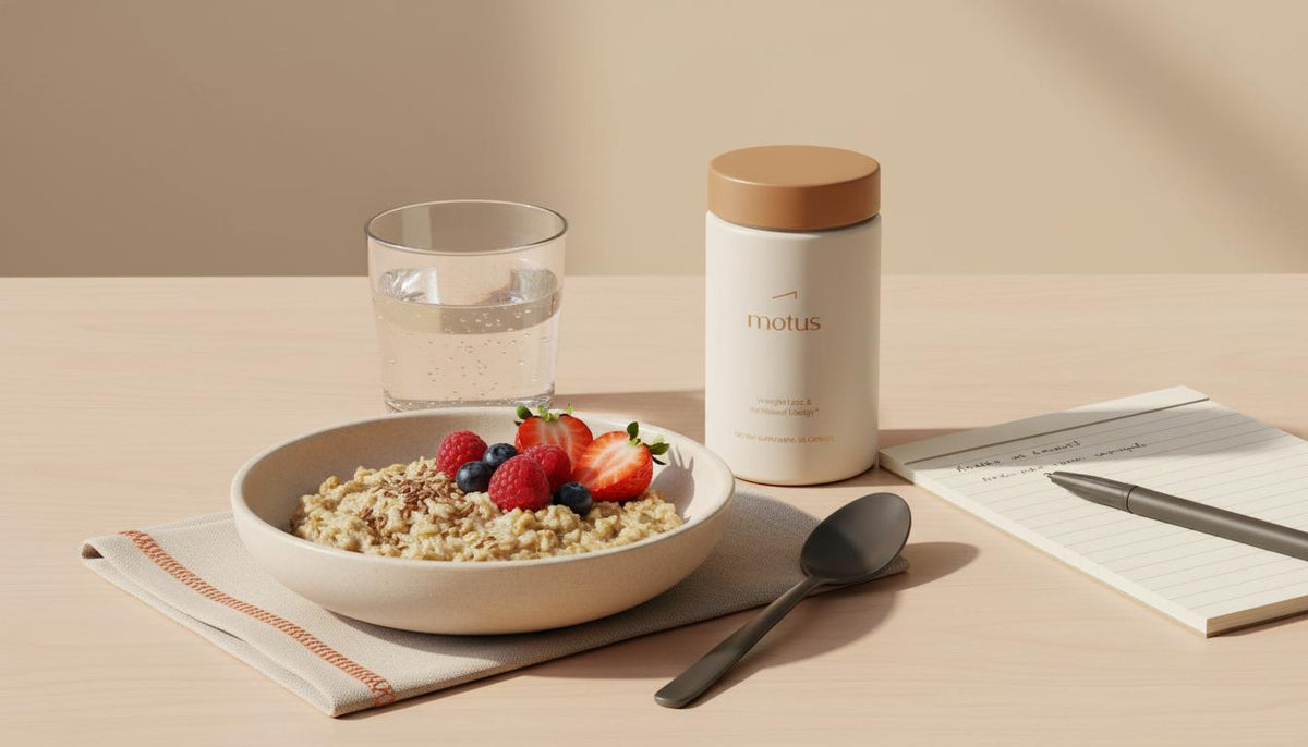 Minimalist breakfast with oats, flax, berries, water, notepad and a Tonum Motus supplement jar beside the bowl — stop feeling like you're starving