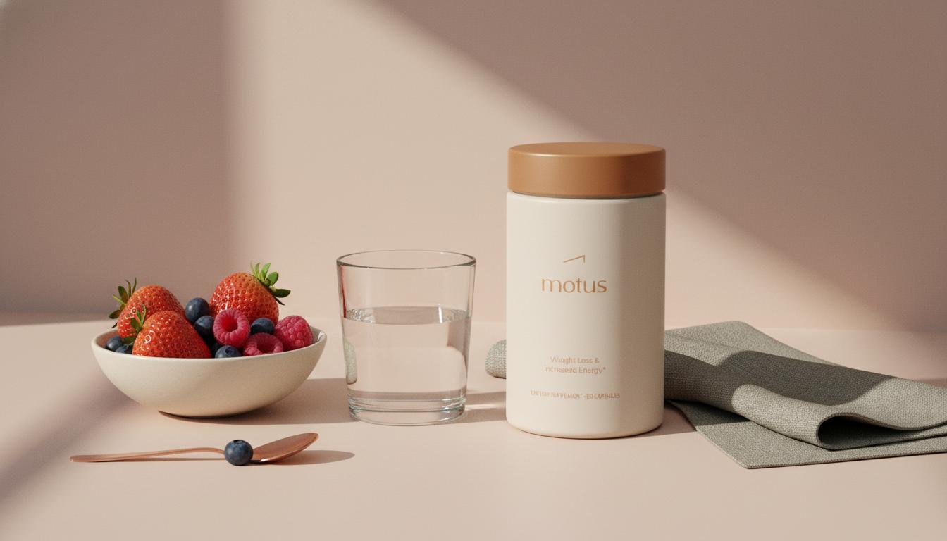 Minimalist still-life of mixed berries, a glass of water and Tonum Motus supplement jar on a kitchen counter, evoking simple habits to stop sugar cravings.