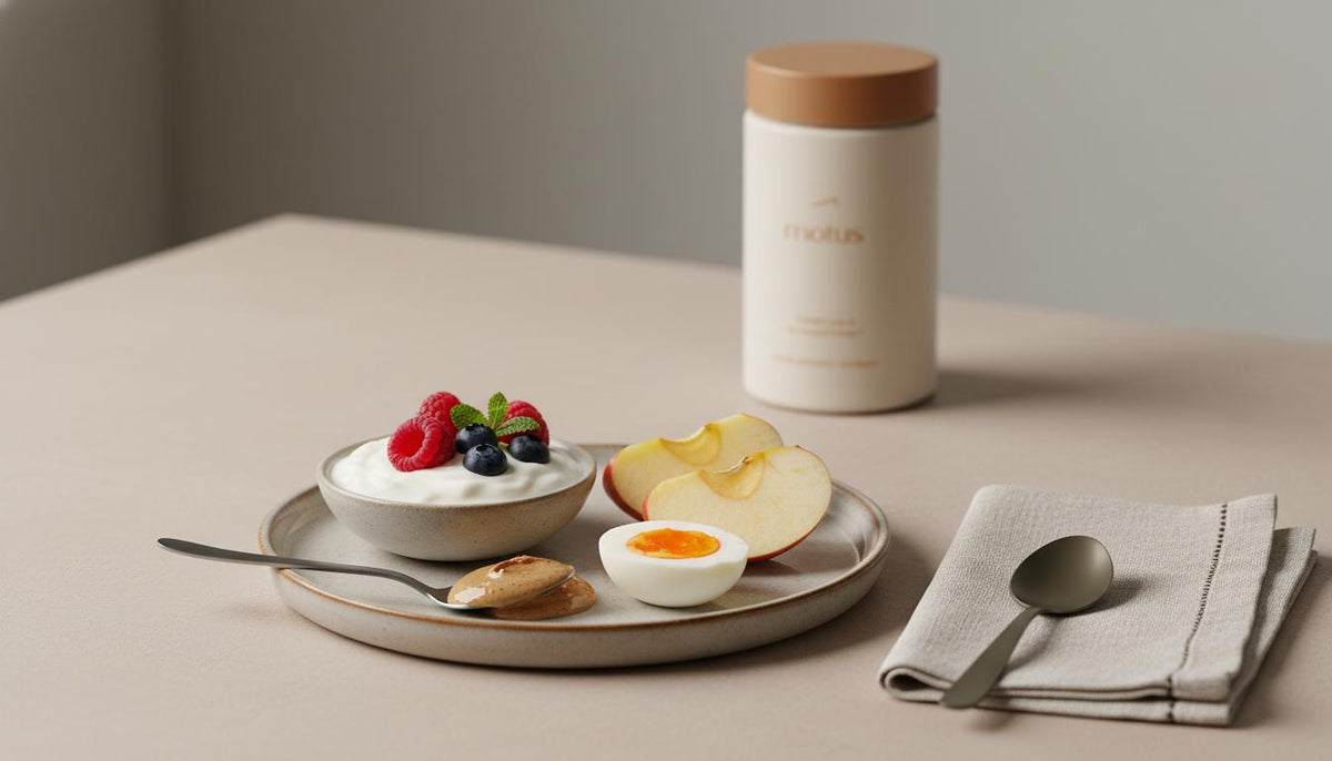 Minimal still-life of protein-rich snacks (Greek yogurt with berries, apple with almond butter, boiled egg) with a blurred Tonum Motus container in the background to stop sugar cravings.