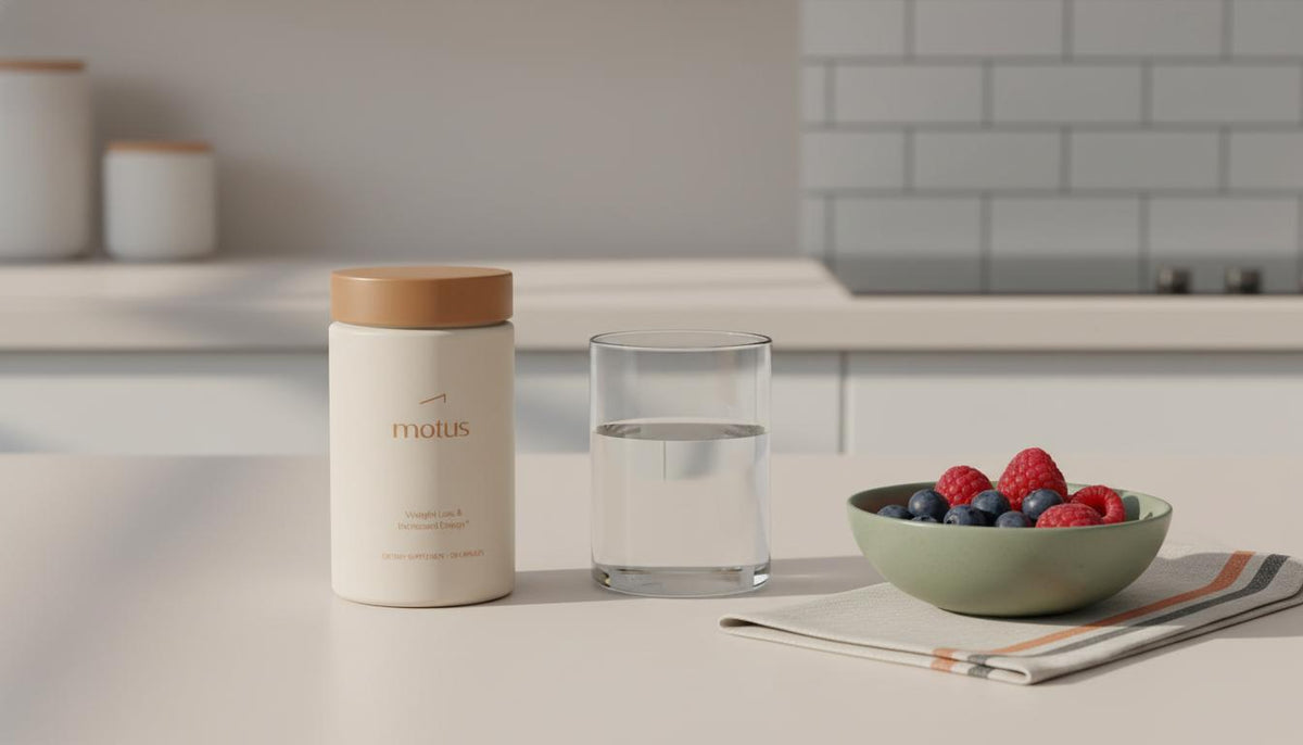 Minimalist kitchen counter scene with Tonum Motus container beside a glass of water and bowl of berries, suggesting a daily routine and stored fat belly burner.