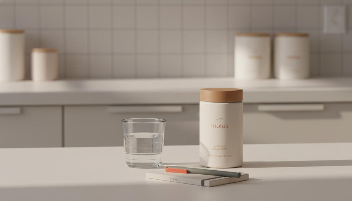 Tonum Motus container on a clean kitchen counter with a glass of water, notebook and pen in soft morning light, minimalist scene suggesting a substitute for semaglutide in daily routine.