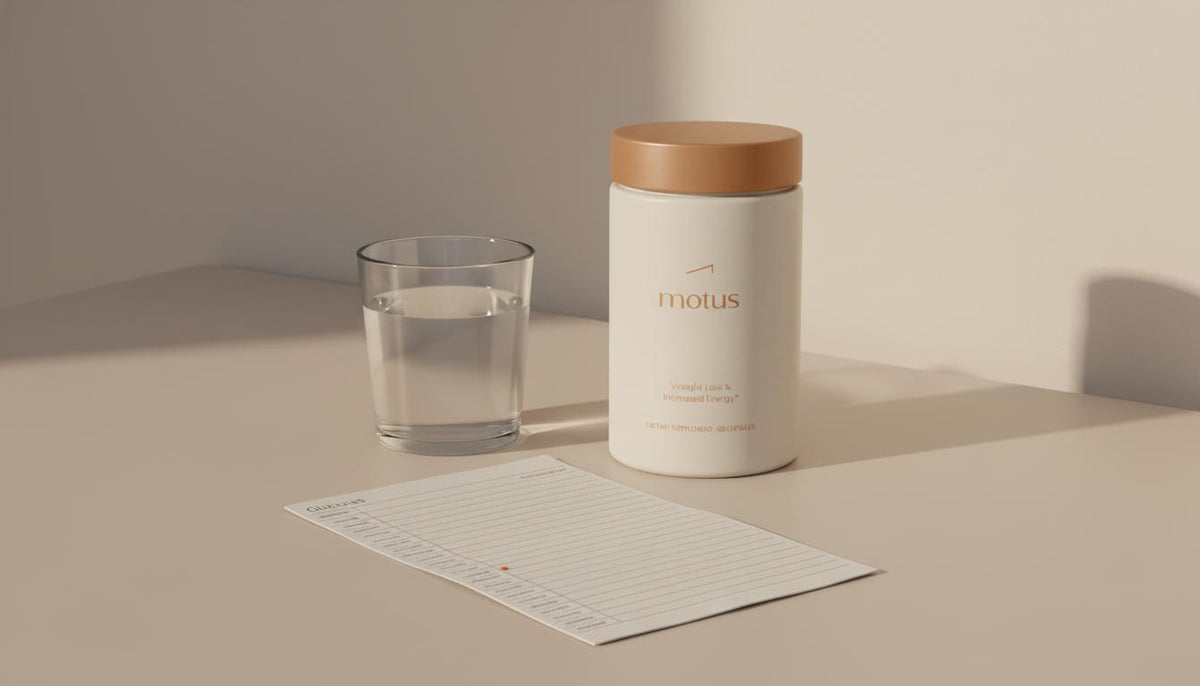 Minimalist bedside scene with Motus supplement bottle, glass of water and folded glucose log, evoking calm monitoring of a sudden increase in insulin sensitivity