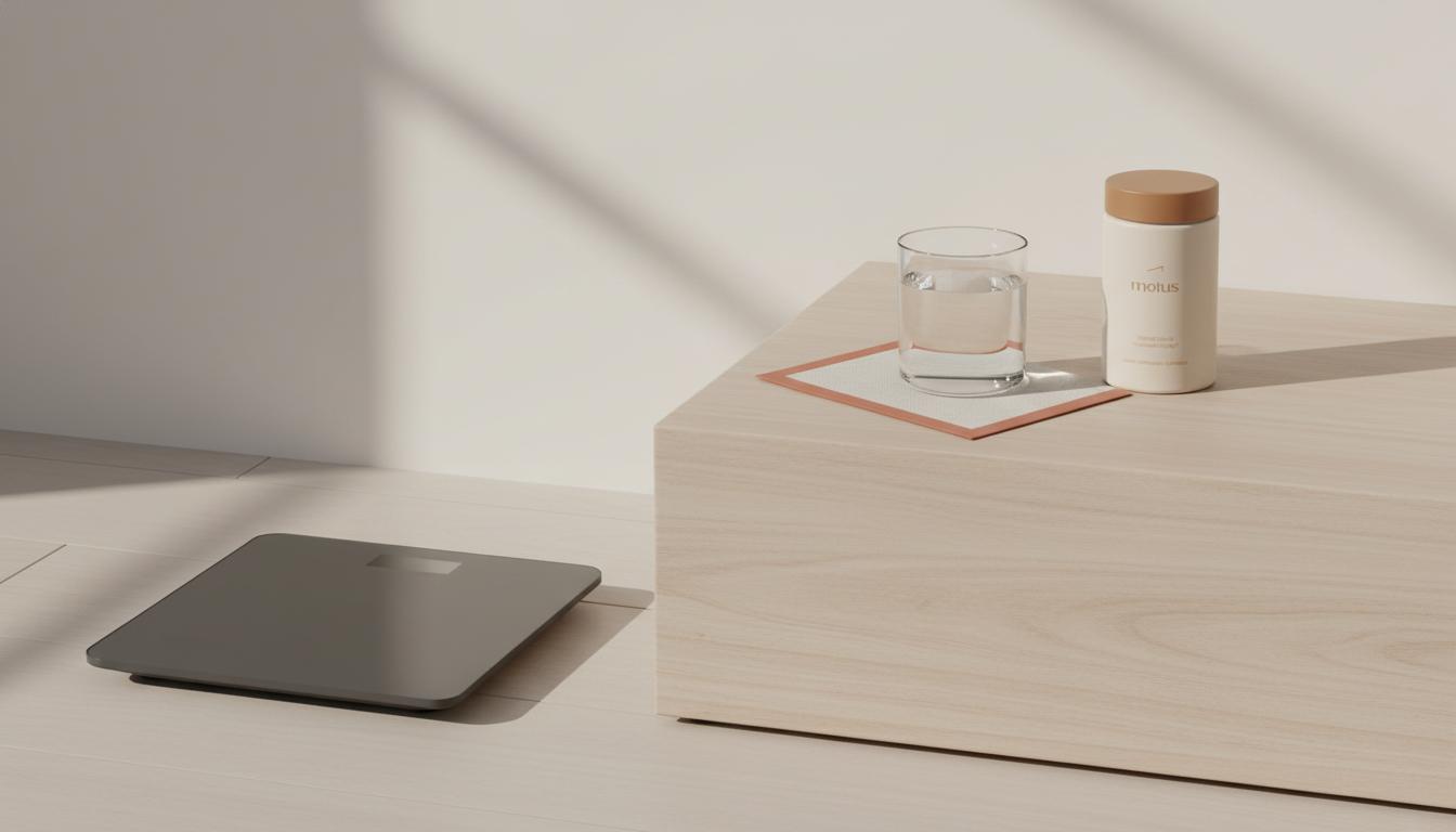 Minimal bedside still life with a scale, glass of water and the Motus supplement jar on a neutral table, suggesting measured routines to address sudden weight gain.
