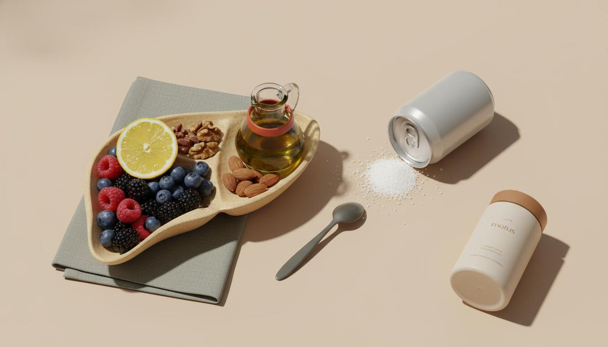 Minimalist still-life of a liver-shaped ceramic bowl with berries, nuts, lemon and olive oil beside a tipped soda can with visible sugar granules illustrating sugar and liver damage.