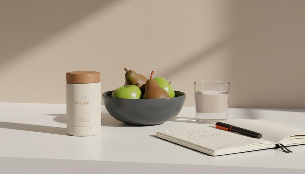 Minimal kitchen counter with Tonum Motus container, bowl of fruit, glass of water and open notebook conveying balance for sugar cravings.