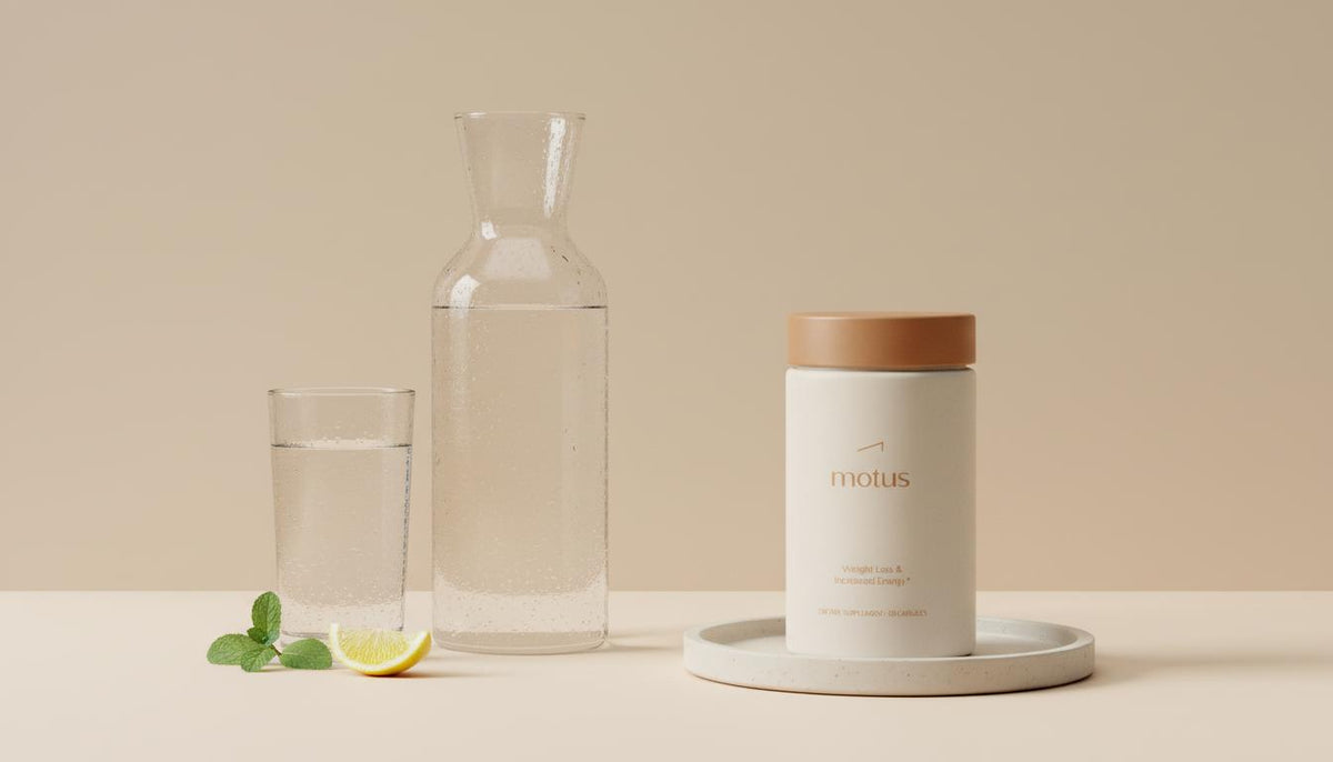 Minimalist still-life with chilled water carafe and glass, mint and lemon beside a Tonum Motus bottle on a pale beige background — a healthy alternative to sugar-sweetened beverages.