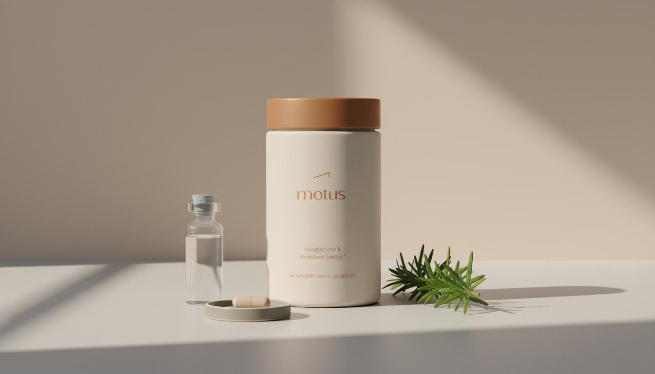 Minimal Tonum supplement container on a light-gray tabletop with a glass vial and a green herb sprig against a soft beige background, minimalist product shot for supplements for brain fog.
