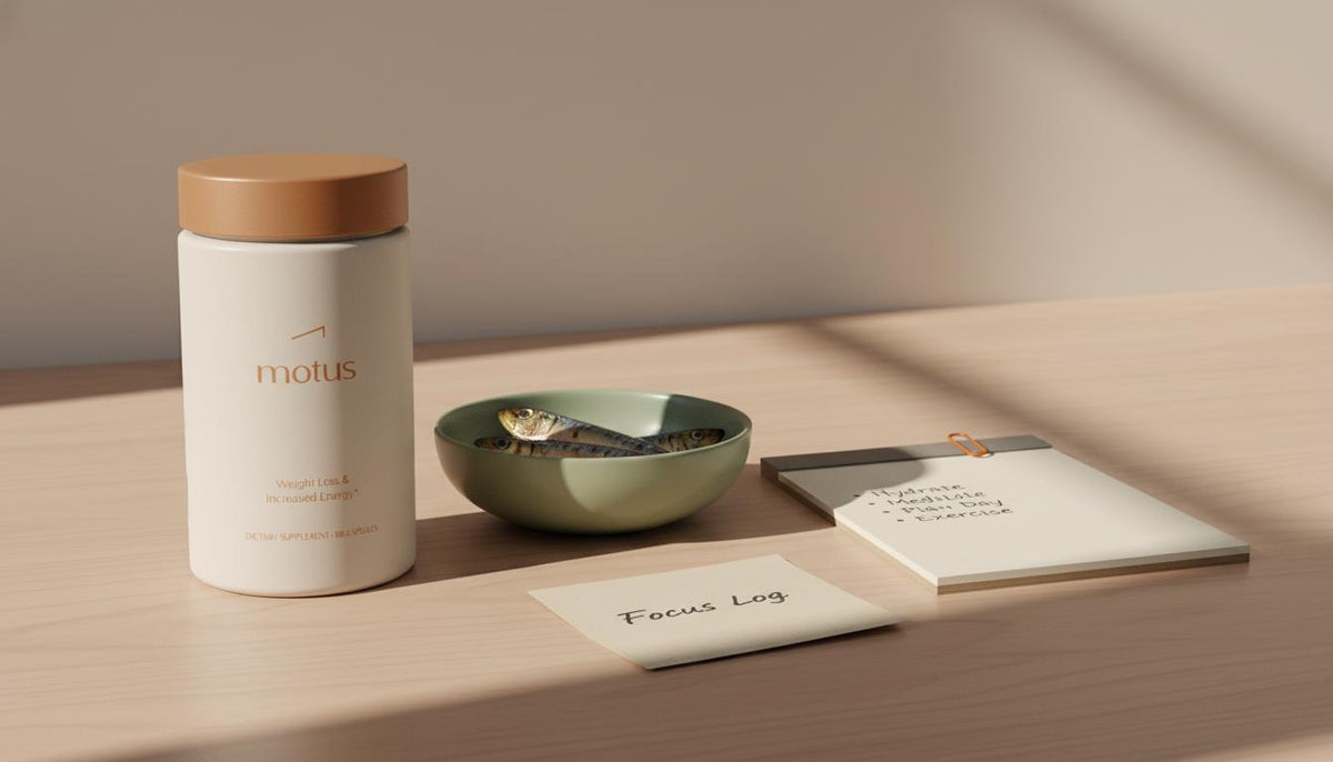 Minimalist still life of a Tonum supplement jar on a wooden desk with a bowl of oily fish, a notepad with a short checklist and a handwritten “Focus Log”, suggesting supplements for brain fog.