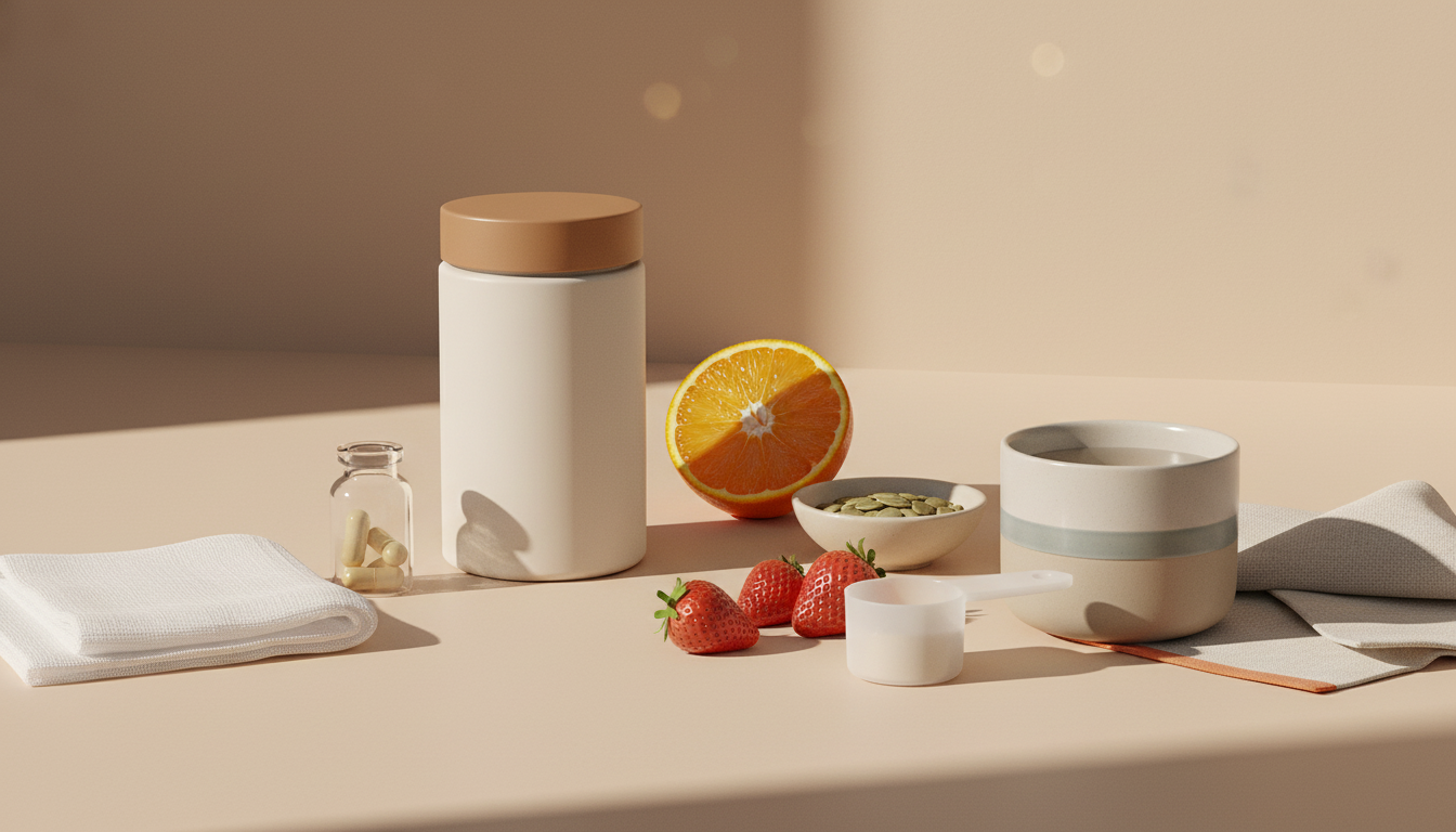 Minimalist still-life of Tonum supplement jar with capsules, gauze, halved orange, strawberries and pumpkin seeds suggesting supplements for burns and skin recovery.