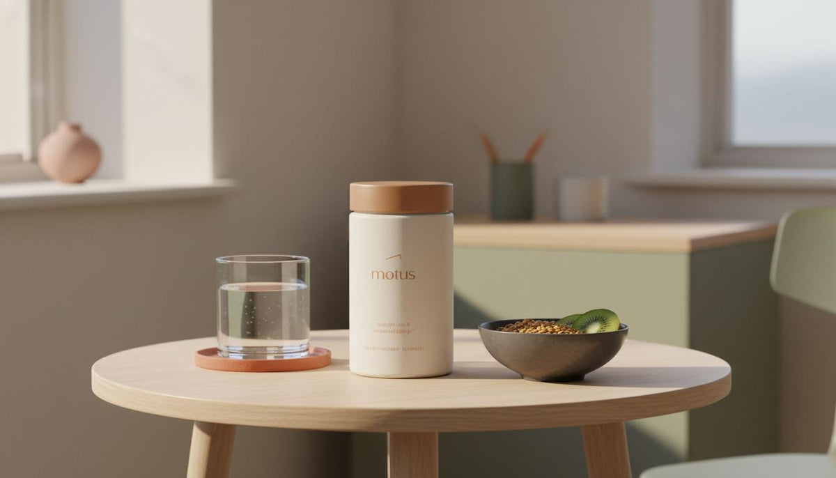 Minimalist still life of a Tonum Motus container beside a glass of water and a bowl of roasted lentils and sliced kiwi, illustrating supplements for extreme tiredness and fatigue