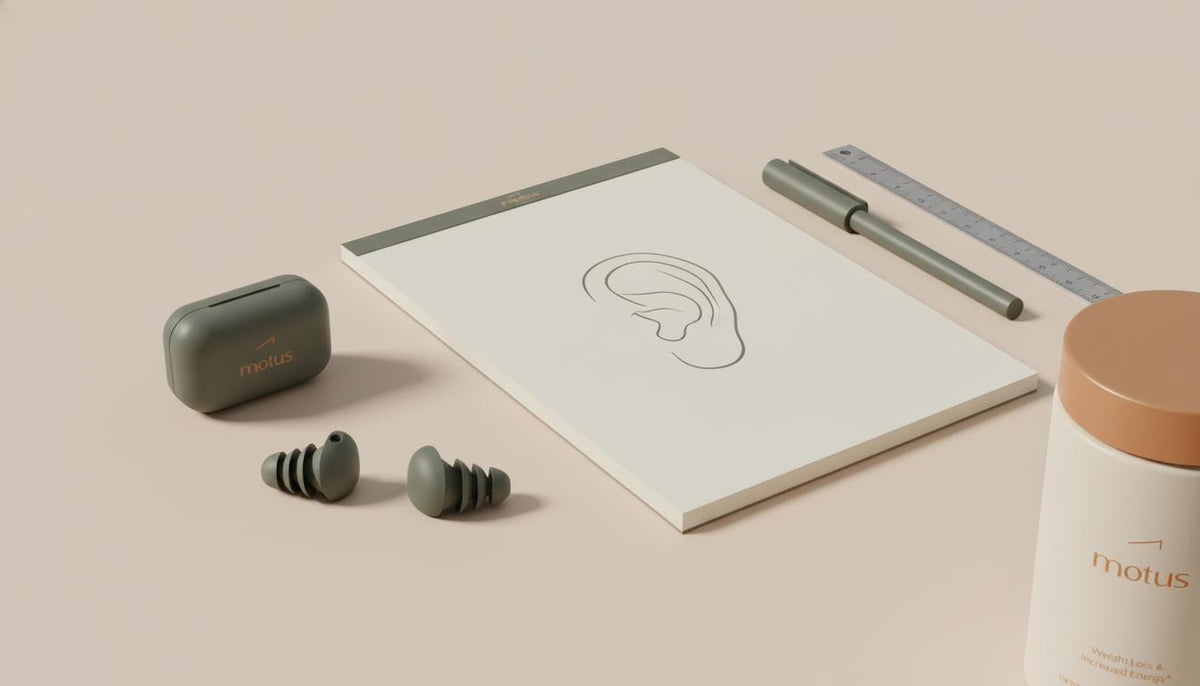 Minimalist desktop with musician earplugs, an open notebook sketch, and a Tonum supplement container, evoking quiet protection and how supplements improve performance