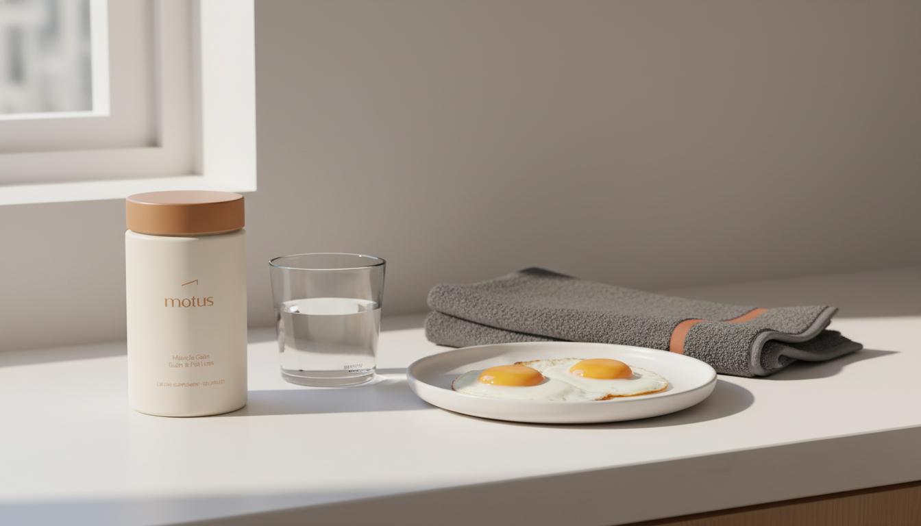 Minimalist breakfast counter with Tonum Motus bottle beside water, plate of eggs and towel, conveying supplements that build muscle and burn fat in a calm, clinical lifestyle scene.