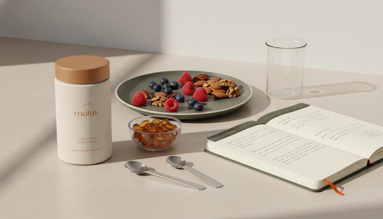 Minimalist still life featuring Tonum supplement jar, capsules and low-glycemic foods, highlighting supplements to lower blood sugar in a clean, research-backed setting.