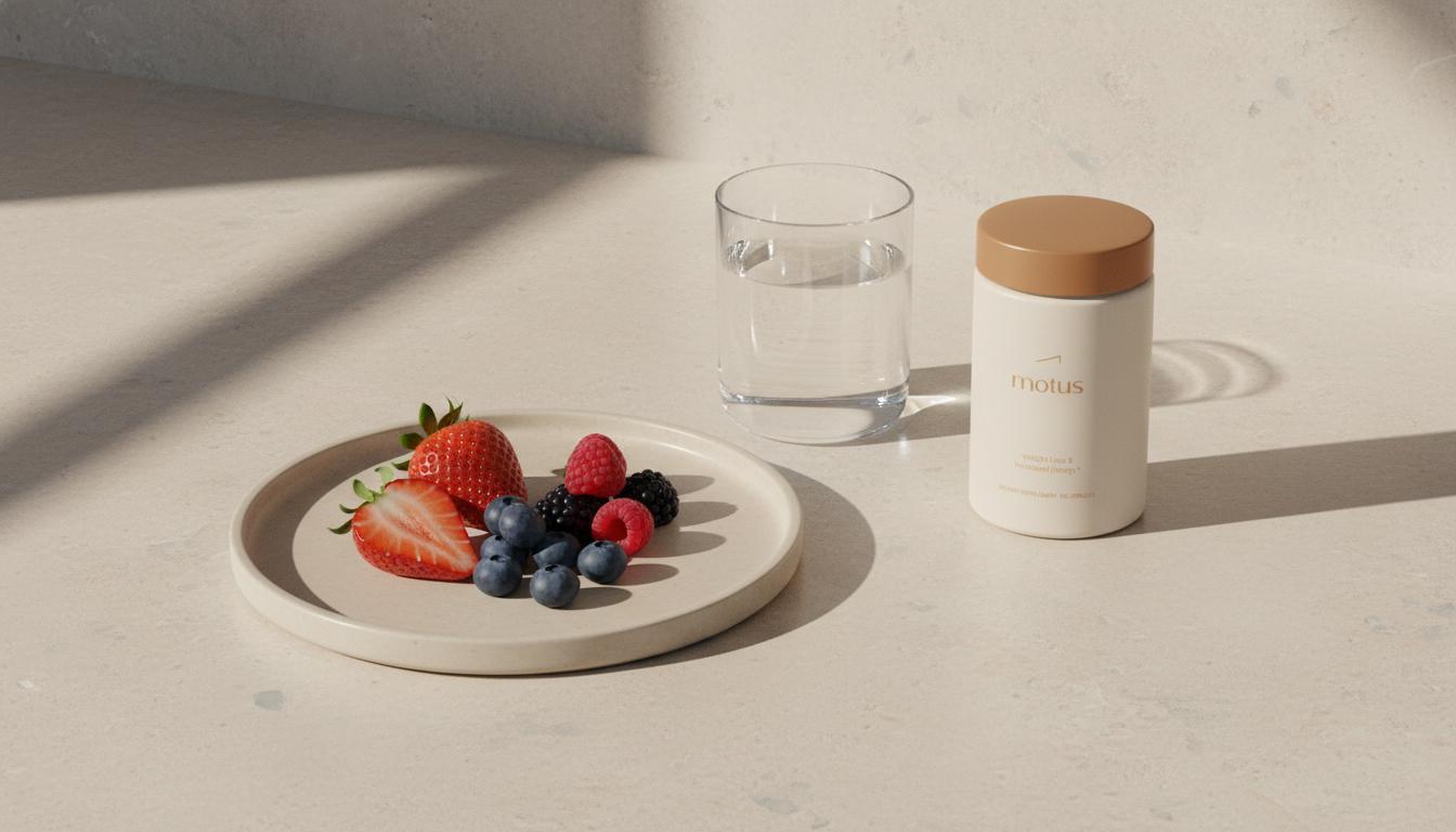 Minimal Tonum kitchen still-life with a Motus supplement jar beside a small plate of fresh berries and a glass of water, evoking supplements to reduce sweet cravings