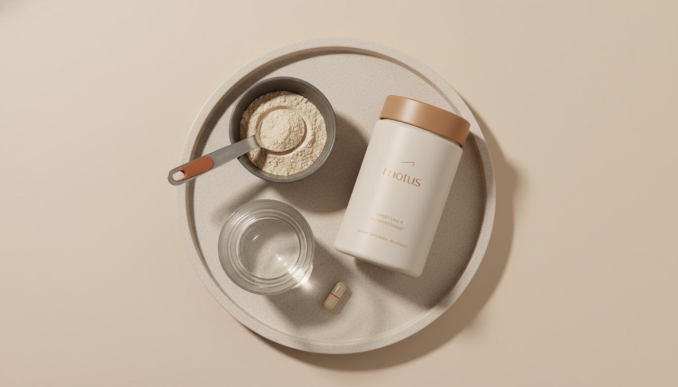 Flat-lay of Tonum Motus supplement container beside a bowl of protein powder, a glass of water and a measuring spoon on a beige tray, illustrating supplements while on Ozempic daily routine.
