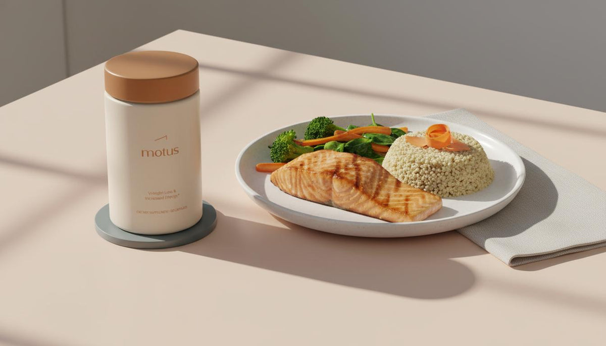 Minimalist Motus bottle beside grilled salmon, quinoa and steamed vegetables on a #F2E5D5 tabletop to support liver during weight loss, Tonum brand colors, clean product scene