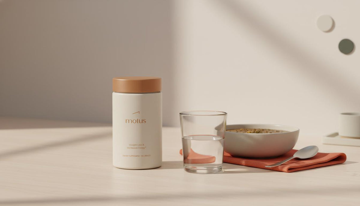 Minimal clinical kitchen table with Tonum Motus container beside a glass of water and bowl of lentil soup, signaling wholesome habits and ability to suppress appetite.