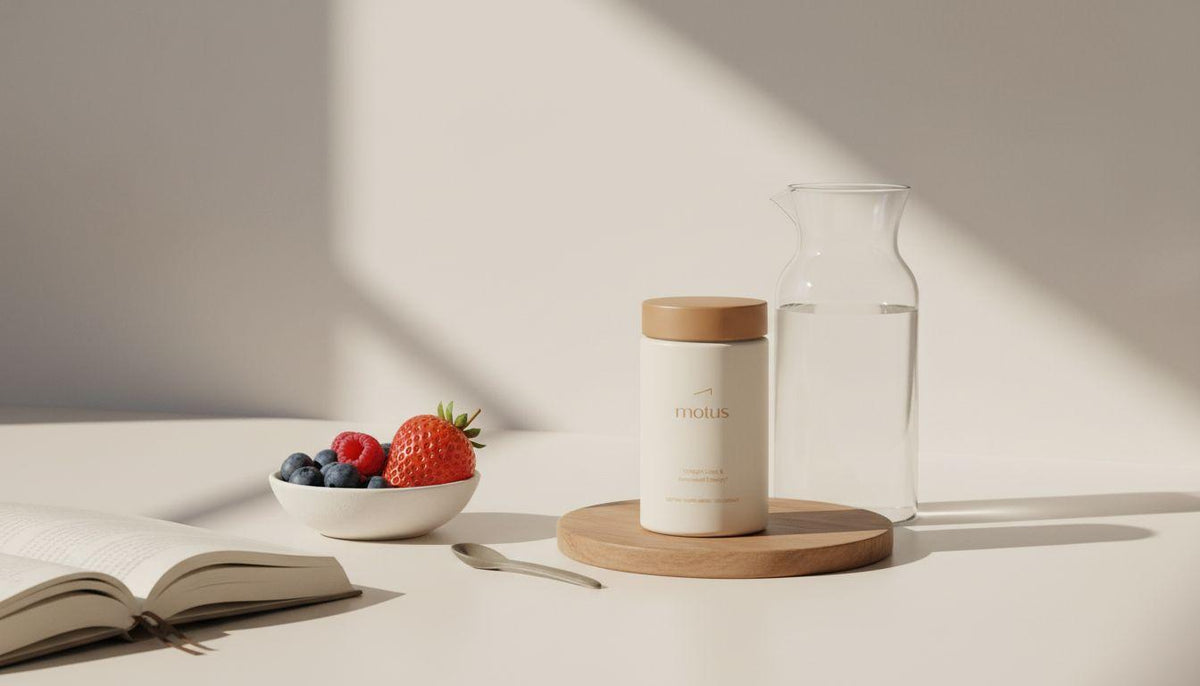 Minimalist kitchen counter with Motus supplement jar beside a carafe of water and bowl of berries, suggesting simple routines to suppress hunger and support appetite control.