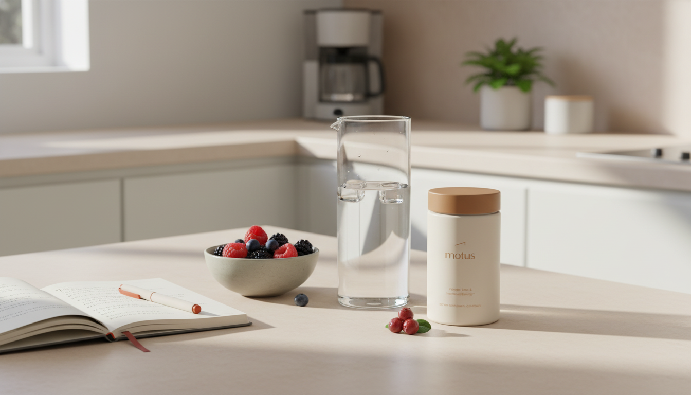 Minimalist kitchen counter with Tonum Motus jar, glass carafe, bowl of berries and notebook to help suppress your urge to eat