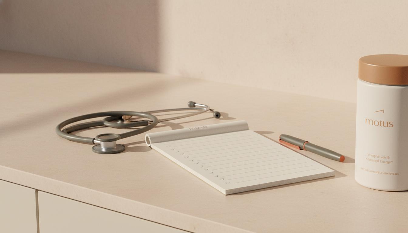 Minimal still-life of stethoscope, open notepad with a non-legible checklist and Tonum Motus container on a beige countertop, illustrating symptoms of liver cirrhosis awareness.