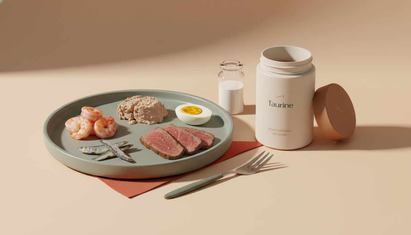 Minimalist still-life of natural taurine sources with a clinical vial of white powder and Tonum supplement jar labeled Taurine on a pale beige background — taurine and L-taurine