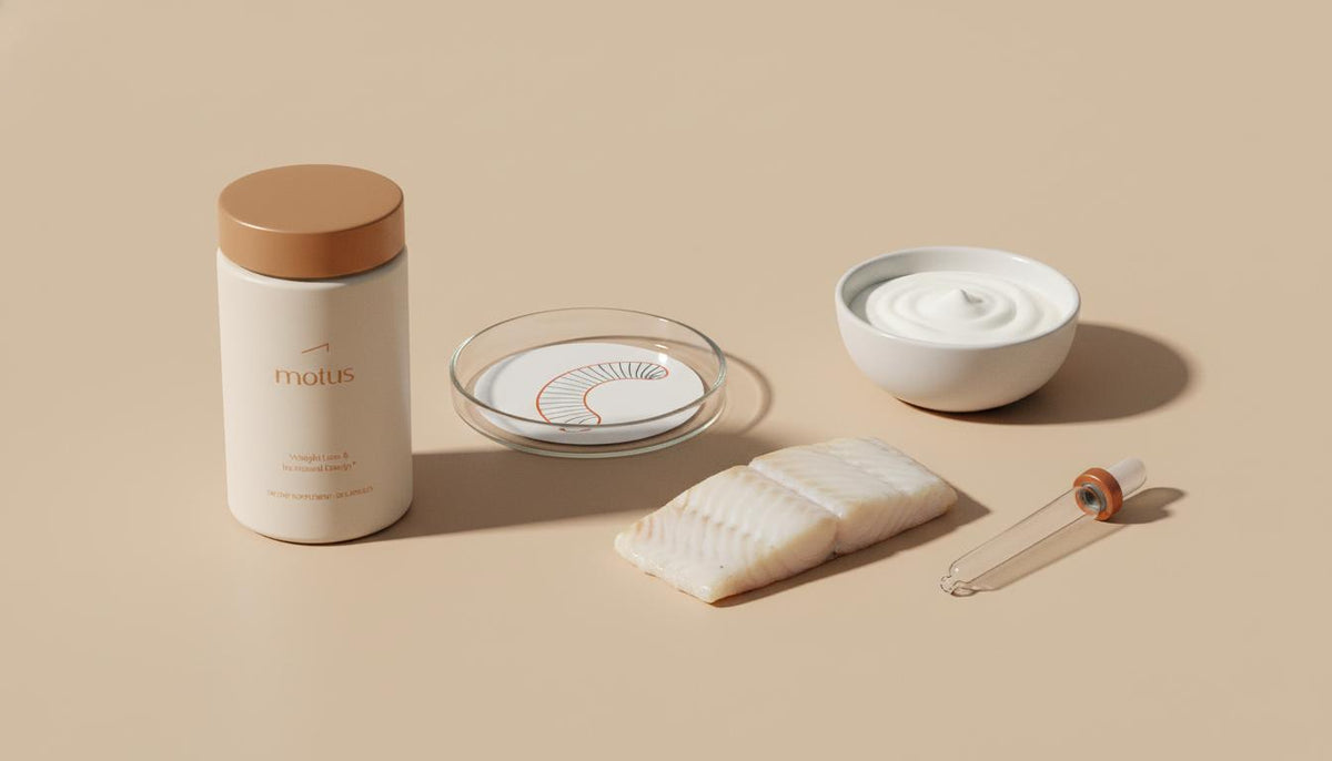 Minimalist Tonum Motus still life with petri dish showing mitochondrion, fish fillet, dairy bowl, vial and pipette on beige background — taurine and metabolism
