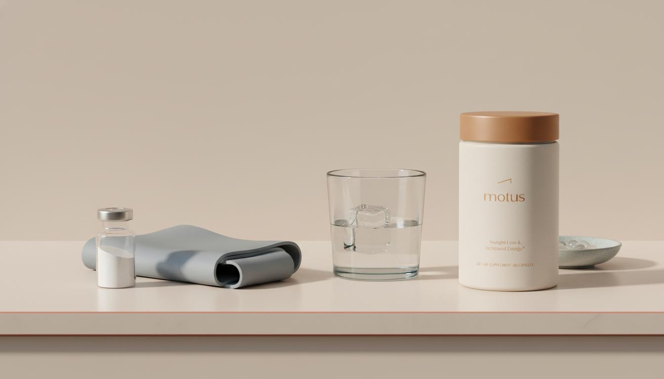 Minimal countertop scene with a glass vial of taurine powder, Motus supplement container, water glass and folded exercise band on beige background; taurine and weight