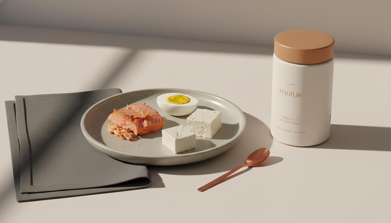 Minimal still-life of salmon flakes, a halved boiled egg, small cheese portion and the Tonum supplement jar on a soft #F2E5D5 background illustrating taurine benefits for children.