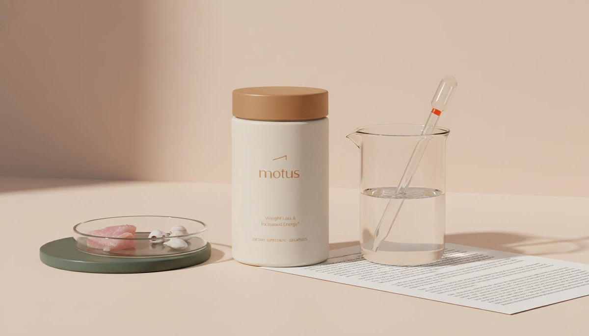 Minimalist still life of Tonum supplement bottle with petri dish of fish and shellfish, glass beaker with pipette and a study abstract on pale beige background, showing taurine benefits for seniors