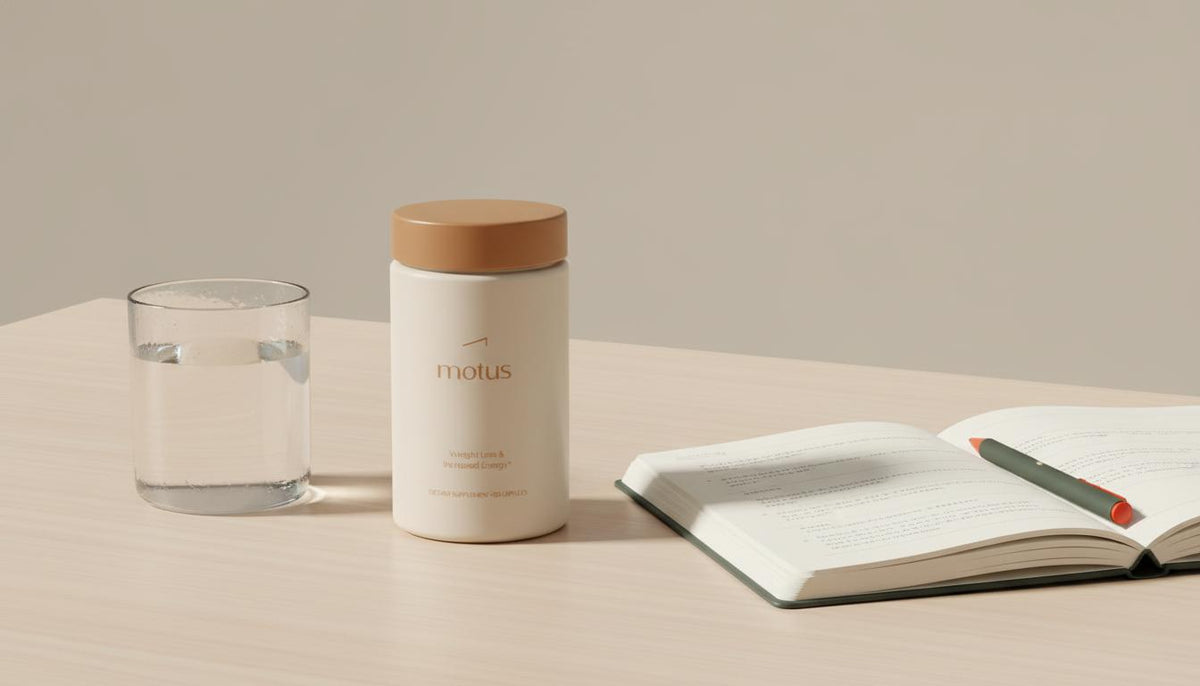 Minimalist tabletop photo of Tonum Motus supplement next to a glass of water and open notebook, conveying taurine benefits for daily health and nutrition routines.