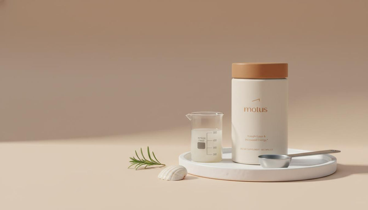 Minimalist Tonum Motus container on a beige #F2E5D5 background with beaker, measuring scoop, shell and rosemary, suggesting taurine benefits and scientific formulation.