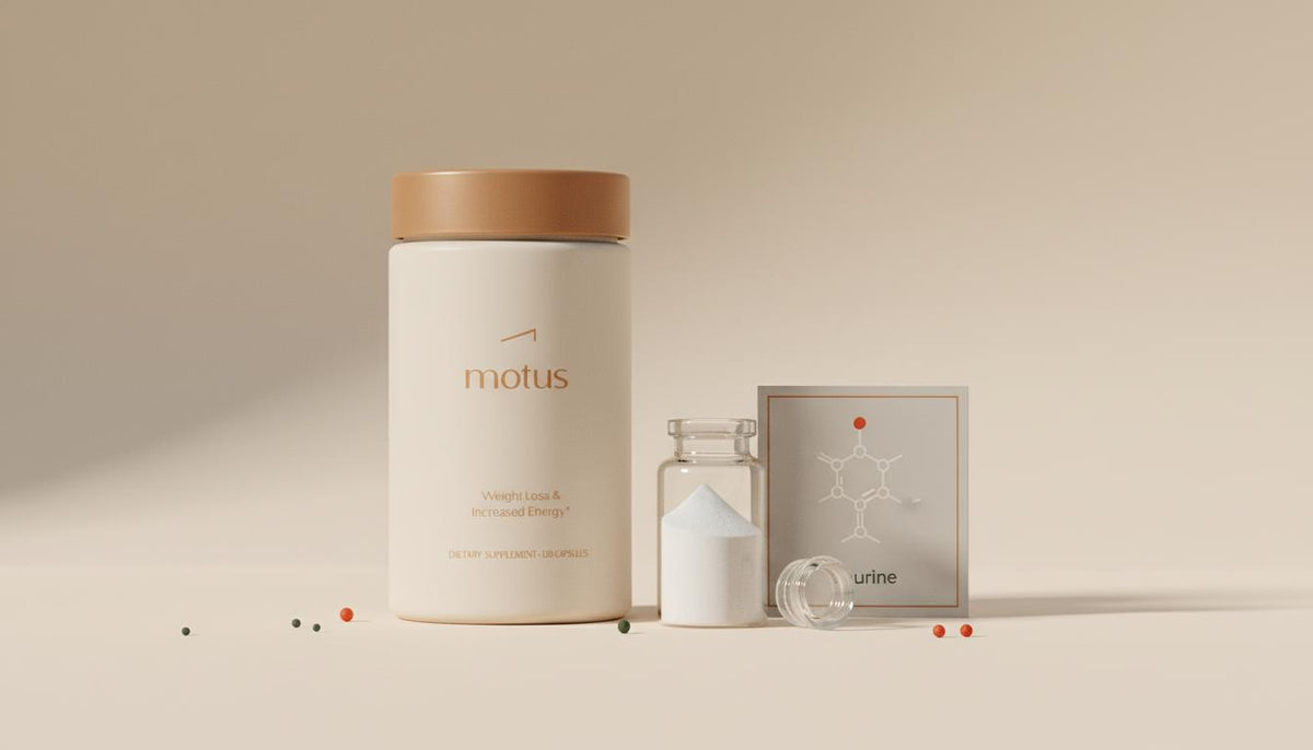 Minimal Tonum product scene with supplement jar and small glass vial of powdered taurine on a beige background, styled to evoke taurine bodybuilding benefits in a clinical minimalist setting