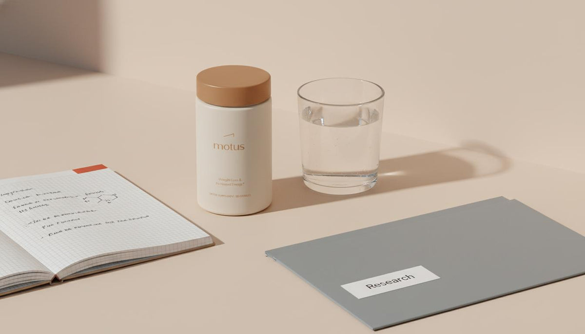 Minimalist tabletop with Tonum supplement jar, glass of water, lab notebook and research folder on beige background, evoking clinical study of taurine deficiency symptoms.